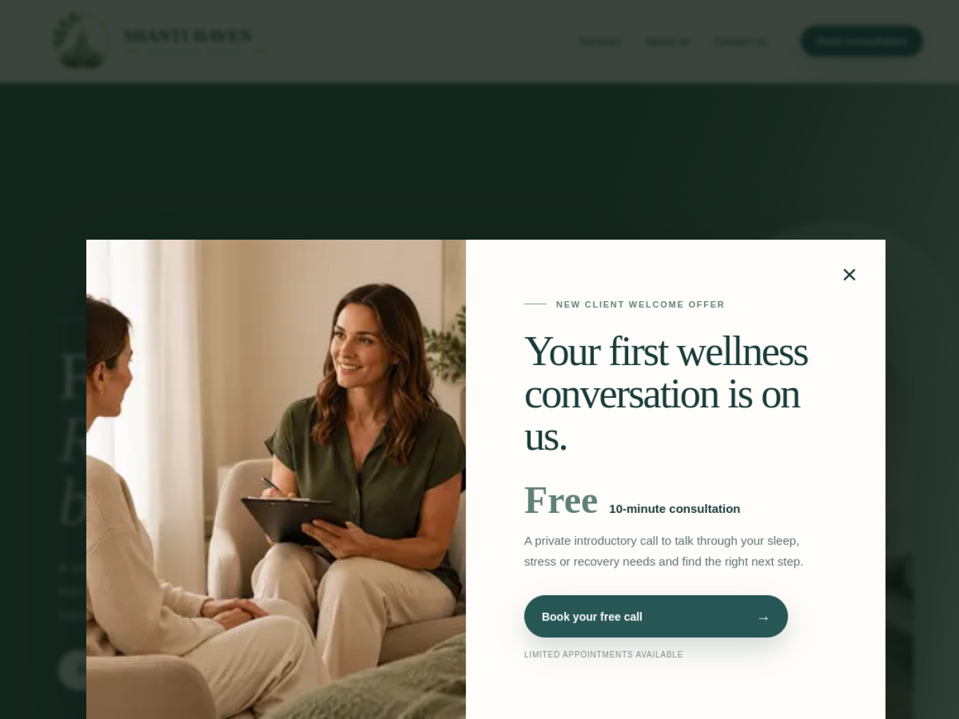 Shanti Haven wellness website homepage